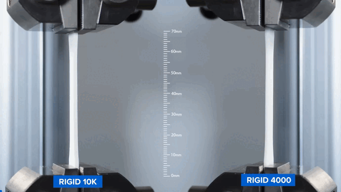 Tensile Modulus, measure of stiffness, comparison of Formlabs Rigid 4000 and Rigid 10K resins