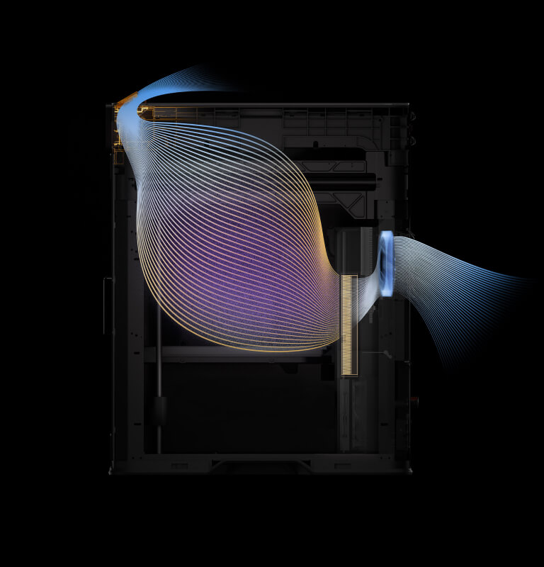 Система повітряного потоку та фільтрації з заслінкою 3D-принтера в режимі «низькотемпературного друку», який відкриває верхній вентиляційний отвір для подачі прохолодного повітря, одночасно підтримуючи фільтрований витяжний потік, що ідеально підходить для PLA та PETG.