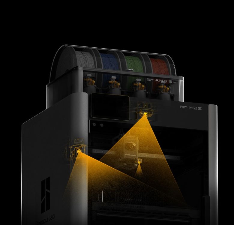 3D-принтер Bambu Lab H2S Combo, який використовує систему машинного зору на основі ШІ для моніторингу в реальному часі, виявлення скупчень, ефекту «спагетті» та застрягань. Ця система також підтримує Live Spatial Alignment для точного калібрування.