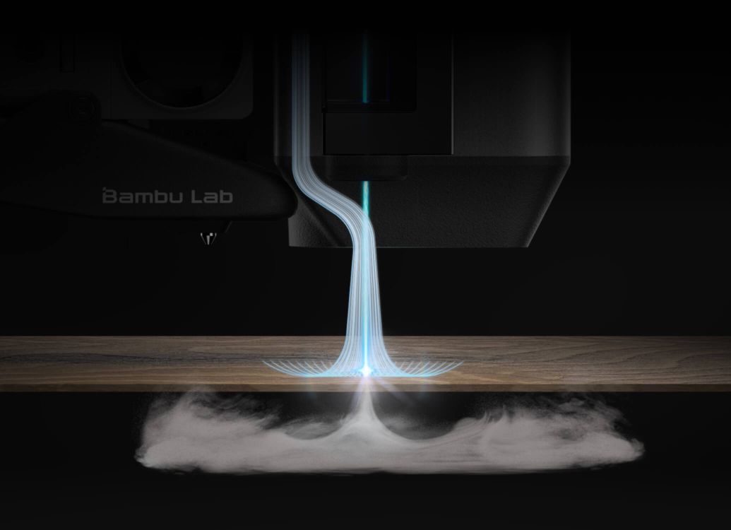 Диаграмма, иллюстрирующая функцию воздушной поддержки, удаляющую дым от лазерной резки