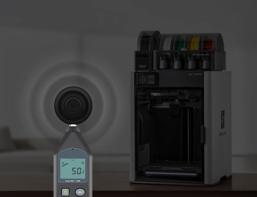 3D-принтер Bambu Lab H2S з п’ятьма датчиками полум’я, вогнестійкою камерою та кнопкою аварійної зупинки. Зображення ілюструє, як інтегрована система фільтрації та технологія шумоподавлення забезпечують безпечний і тихий друк (нижче 50 дБ).