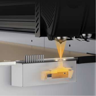 CreatBot D1000 Pro HS demonstrating its 0.02 mm XY positioning accuracy and HD camera for precise dual nozzle offset calibration.