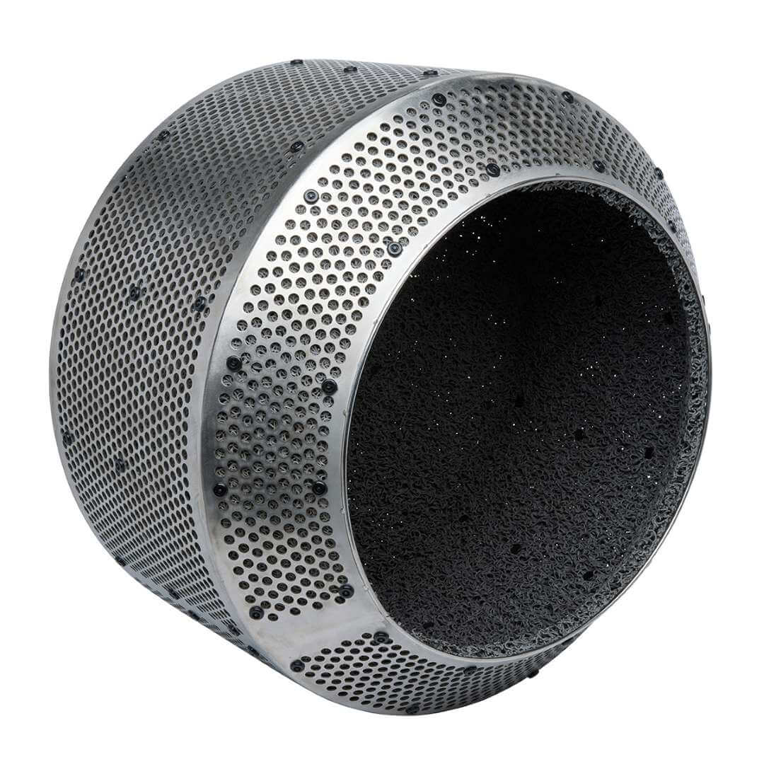 Three-quarter isometric view of the Formlabs Fuse Blast High Capacity Kit large tumbler basket showing the full cylindrical perforated stainless steel body with rubber liner visible on the interior