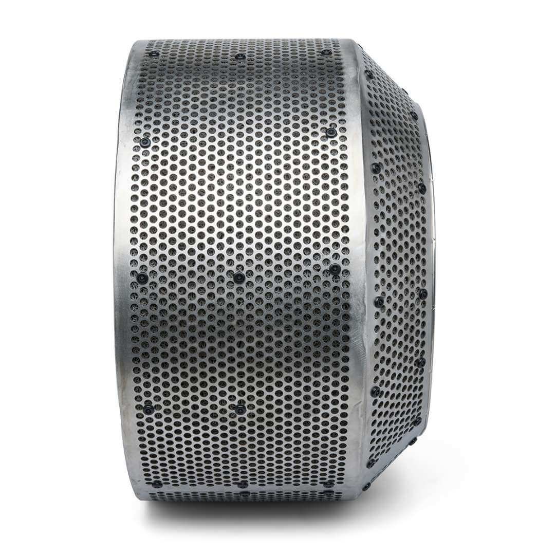 Side profile of the Fuse Blast High Capacity Kit large tumbler basket showing the complete height of the perforated stainless steel cylindrical wall and reinforcing flanged rims