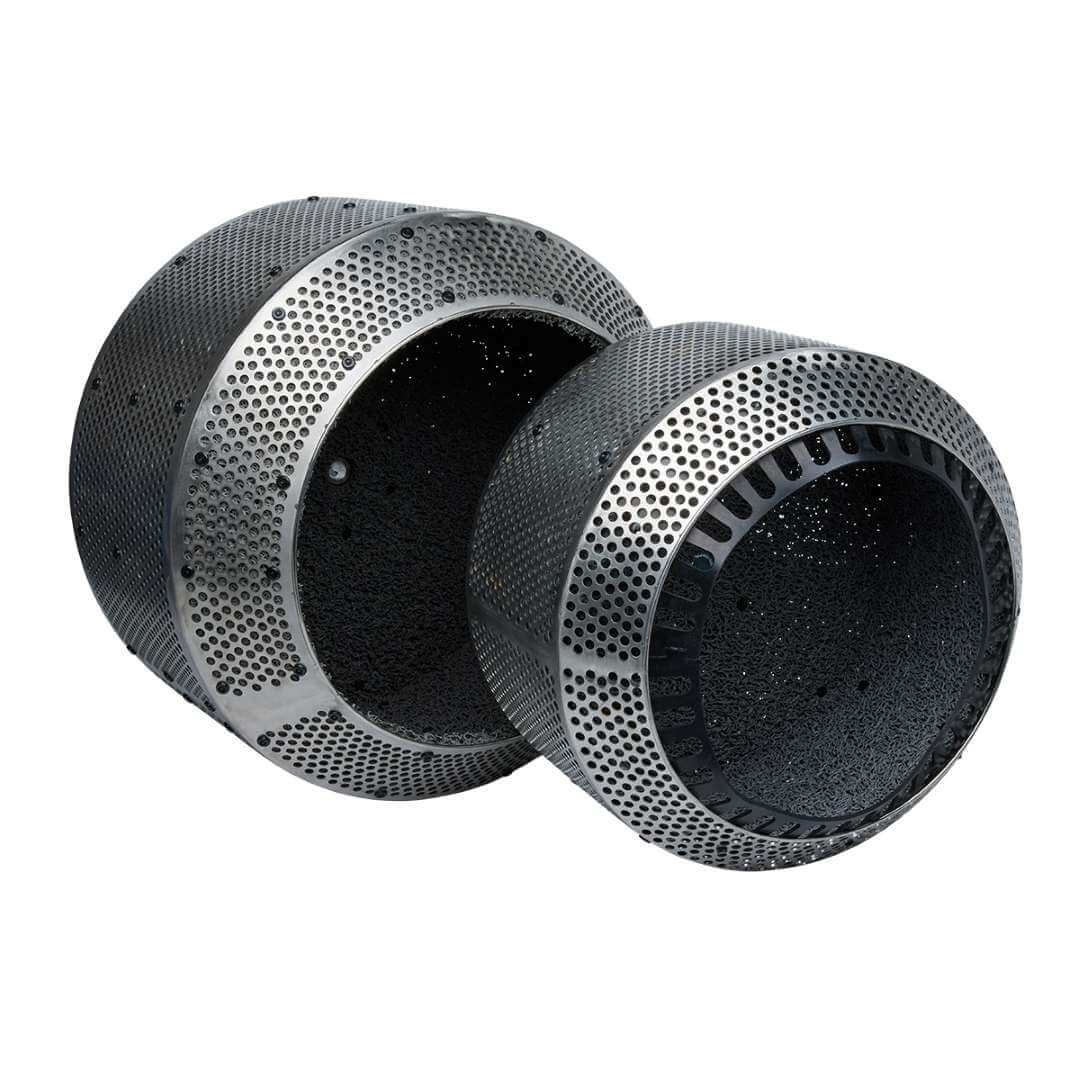 Side-by-side comparison of the Fuse Blast large tumbler basket from the High Capacity Kit (rear, larger) and the standard Fuse Blast tumbler basket (front, smaller)
