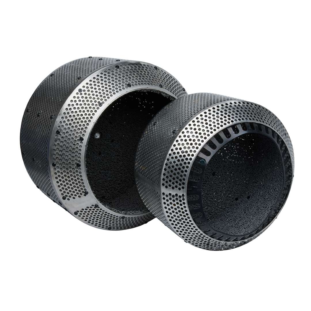 Side-by-side size comparison of Fuse Blast standard tumbler basket (left) and Fuse Blast Large Tumbler Basket (right), showing the significantly greater internal volume of the large basket