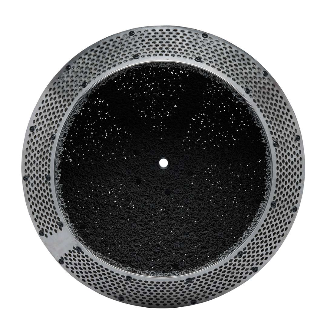 Front view of Fuse Blast Large Tumbler Basket showing full 400 mm opening diameter, perforated stainless steel rim, and black interior liner with residual SLS powder