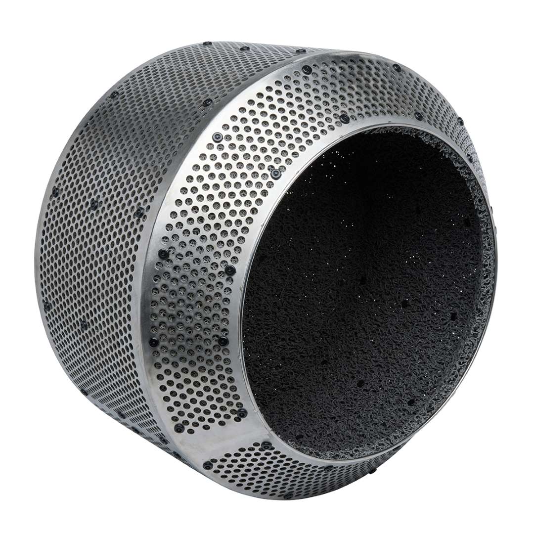 Isometric view of the Fuse Blast Large Tumbler Basket showing perforated stainless steel cylindrical body, tapered rear rim, and black interior protective liner