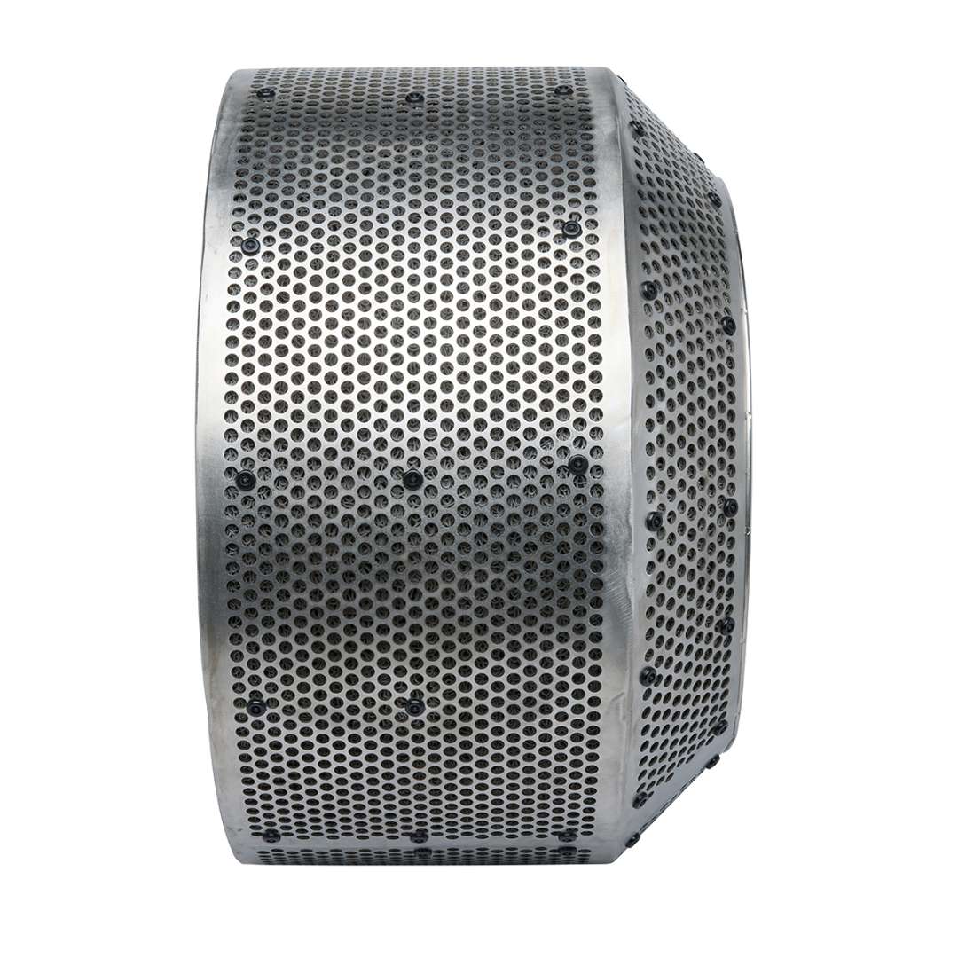 Side profile view of Fuse Blast Large Tumbler Basket showing full cylindrical depth, uniform perforated stainless steel body, and structural rim geometry