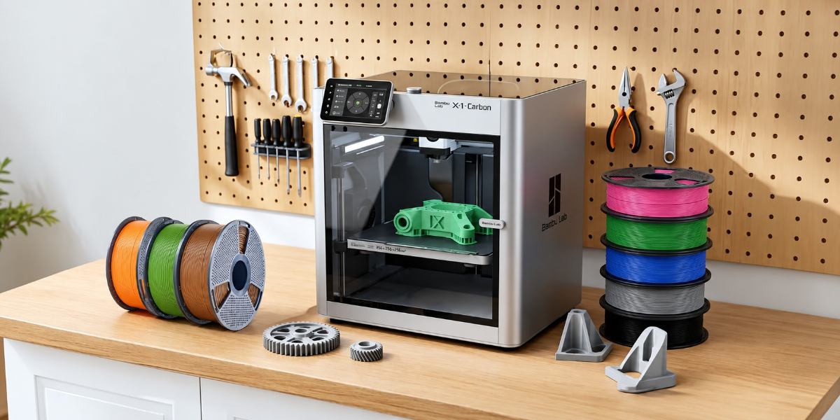 Arbeitsplatz für 3D-Druck mit Drucker, Filamentspulen und Werkzeugen.