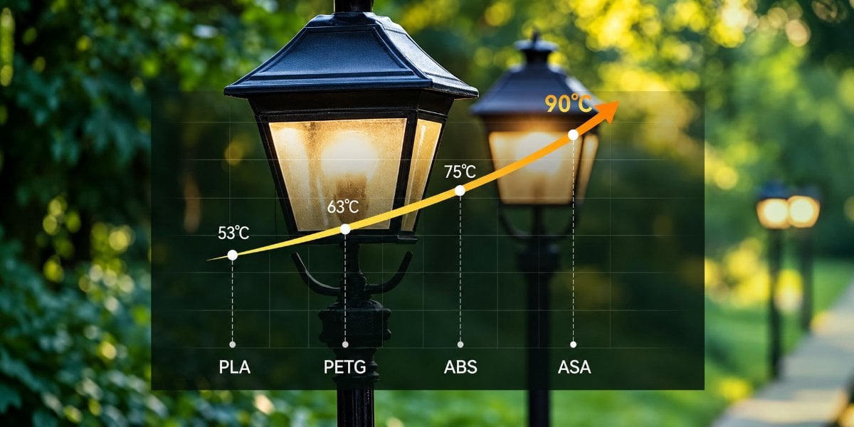 Comparison chart of material heat resistance demonstrating the use of KLEMA ASA filament for outdoor lamps.