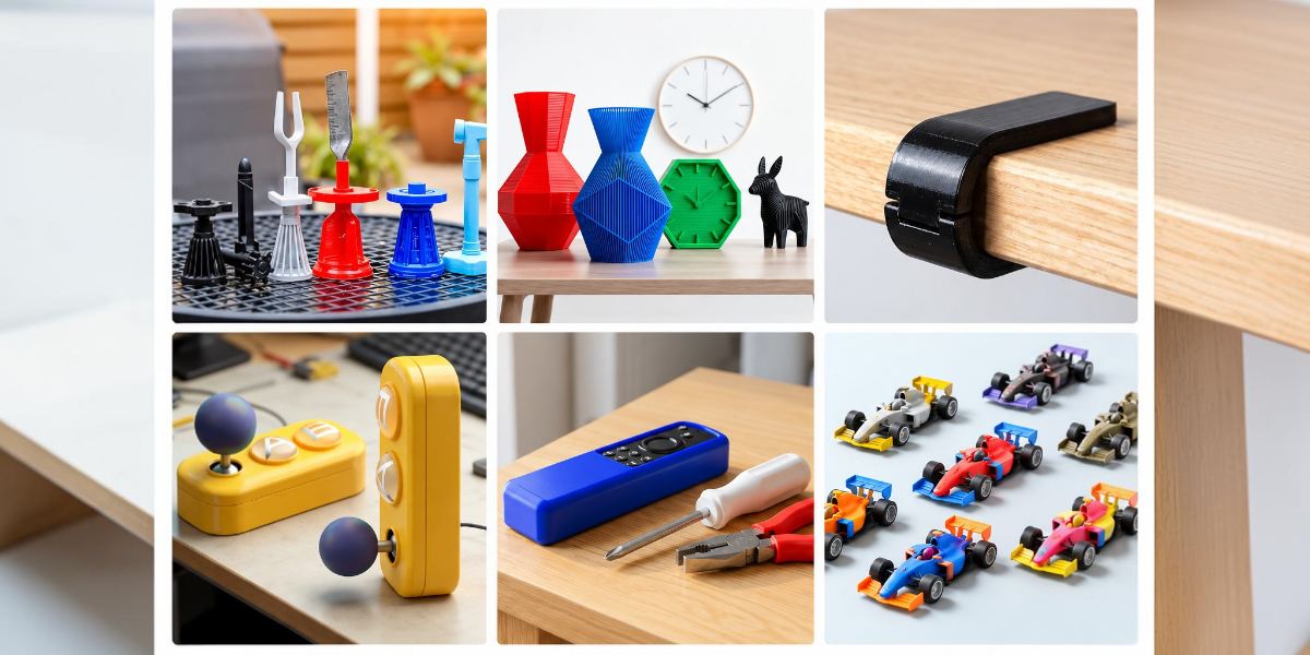 3D modeling workspace with KLEMA PETG filament spools and printed parts.