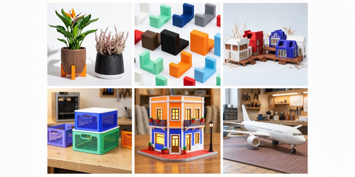 Collage of examples of practical and decorative 3D printing applications.