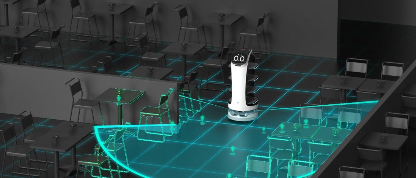PUDU BellaBot with Navigation and Obstacle Avoidance System in a Restaurant