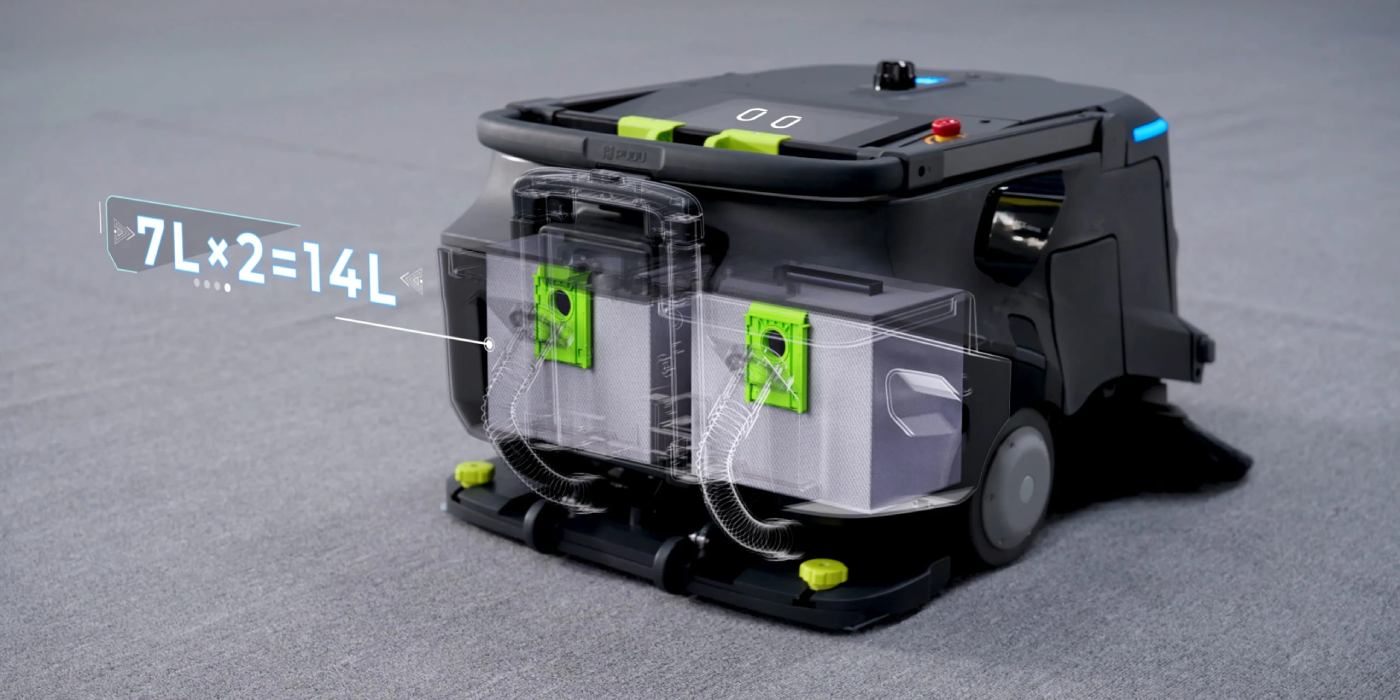 Cutaway view of PUDU MT1 VAC with two 7 L dust bins, totaling 14 L