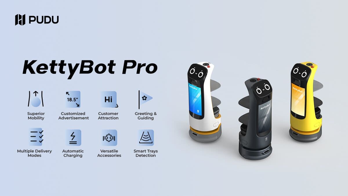 PUDU KettyBot Pro service robot features and advertising display overview