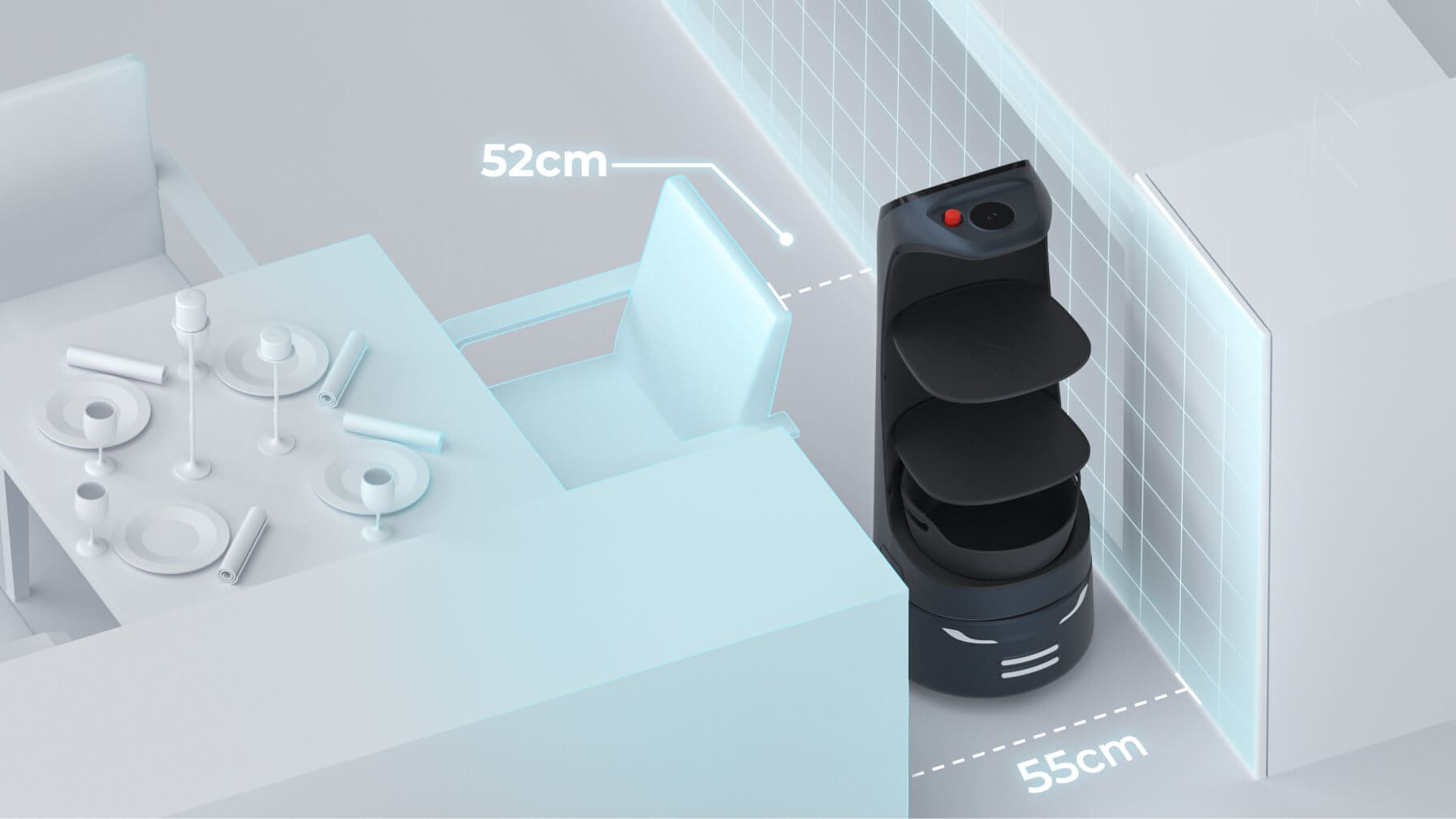 PUDU KettyBot Pro navigating in narrow space near table dimensions illustration