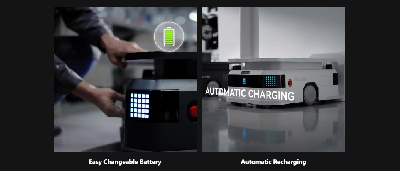 PUDU T300 with replaceable battery and automatic charging