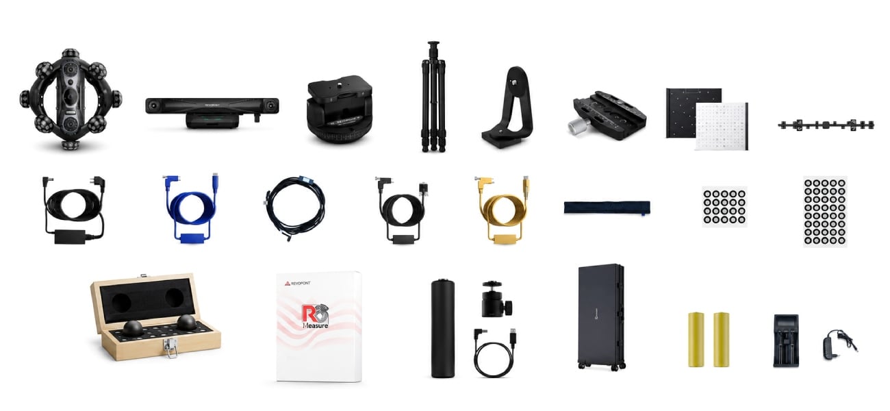Lieferumfang der Revopoint Trackit SR CMM Edition mit Scanner, Tracker und Zubehör