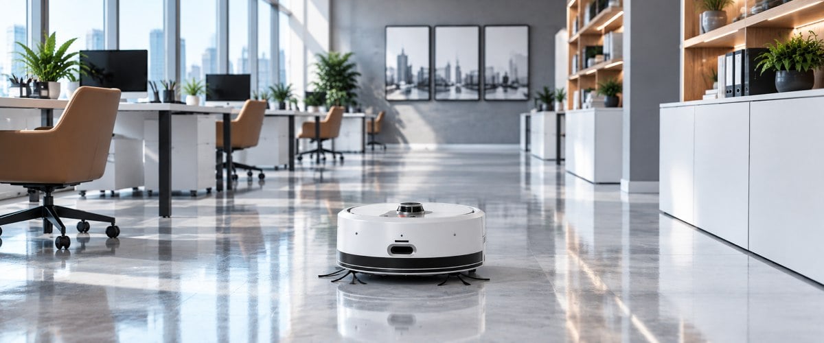 AgiBot C2 cleaning robot during floor cleaning in an office