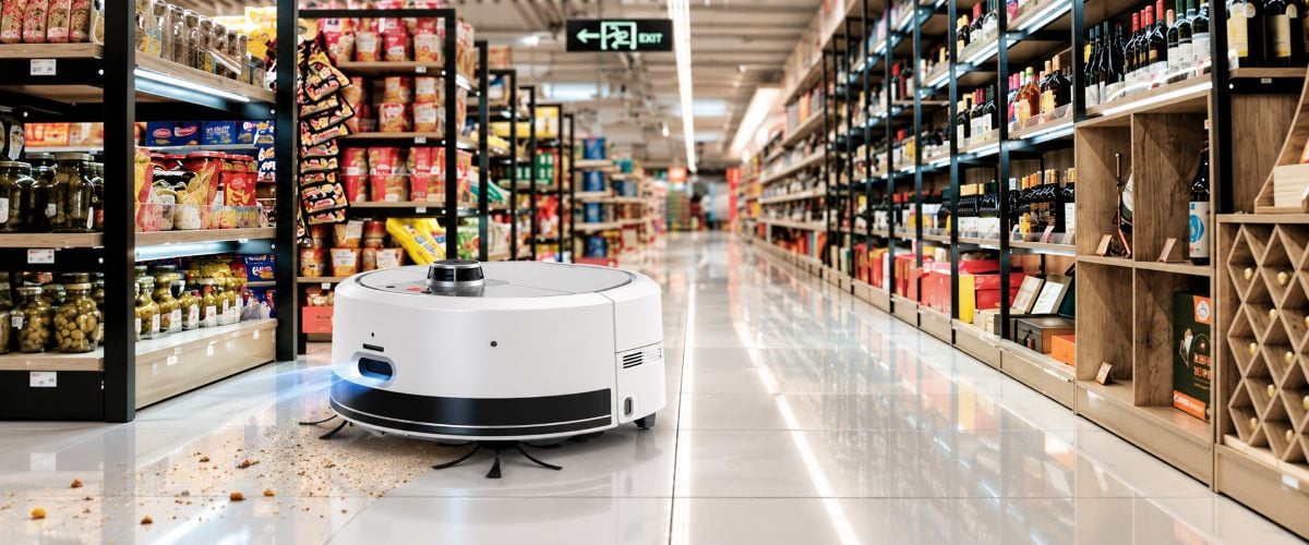 AgiBot C2 cleaning robot during floor cleaning in a supermarket