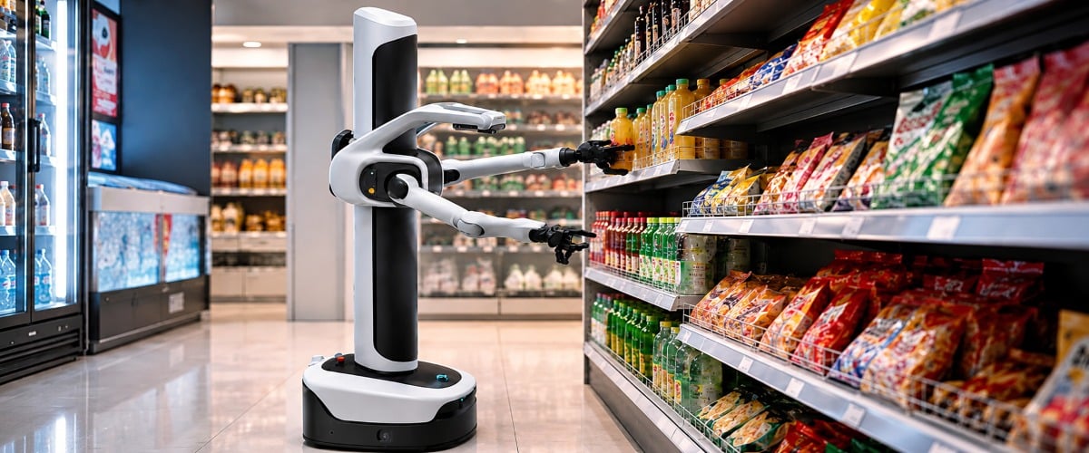 AgiBot G2 Air przy półkach w przestrzeni handlowej