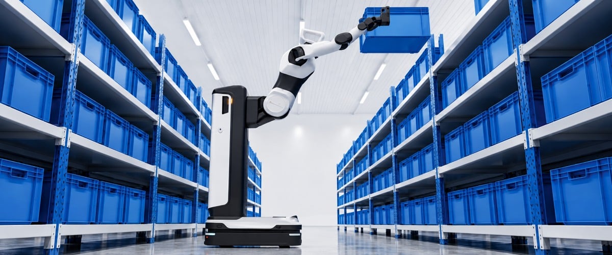 AgiBot G2 Max arbeitet mit einem Container auf der oberen Ebene eines Regals