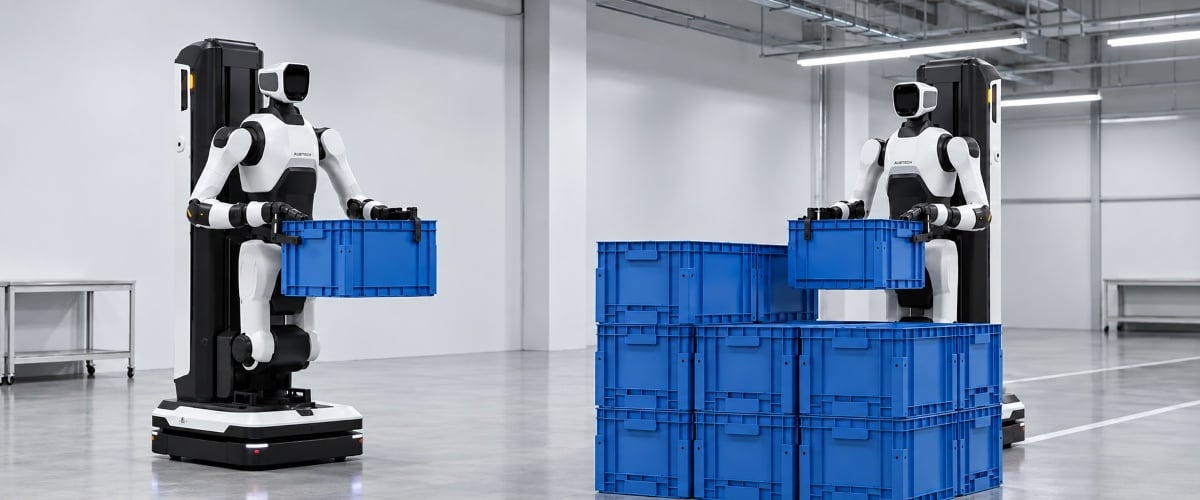 AgiBot G2 Max arbeitet mit Kunststoffbehältern