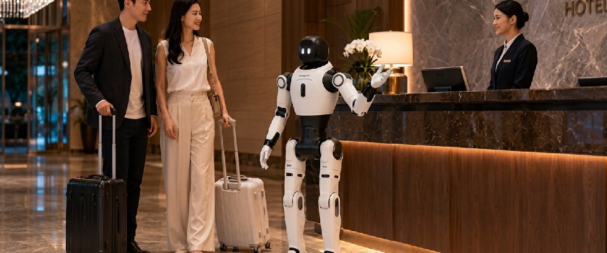 Robot humanoidalny AgiBot X2 podczas interakcji z gośćmi hotelu