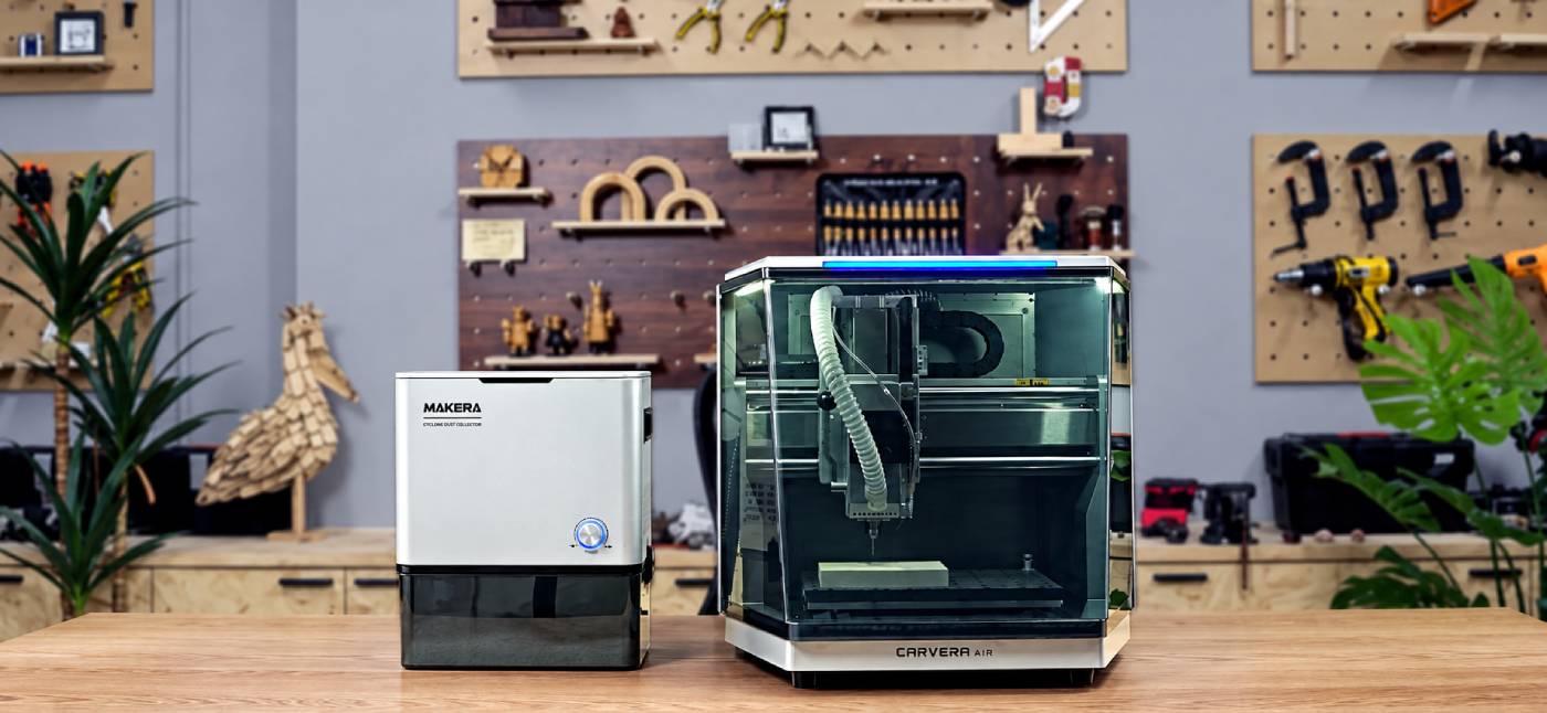 Printing at speeds up to 500 mm/s on a 3D printer Dowell DF Makera Cyclone Dust Collector system next to a desktop CNC machine Carvera Air.