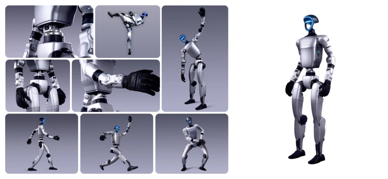 Różnorodne pozycje i szczegóły konstrukcji humanoidalnego robota Unitree G1 Edu Pro