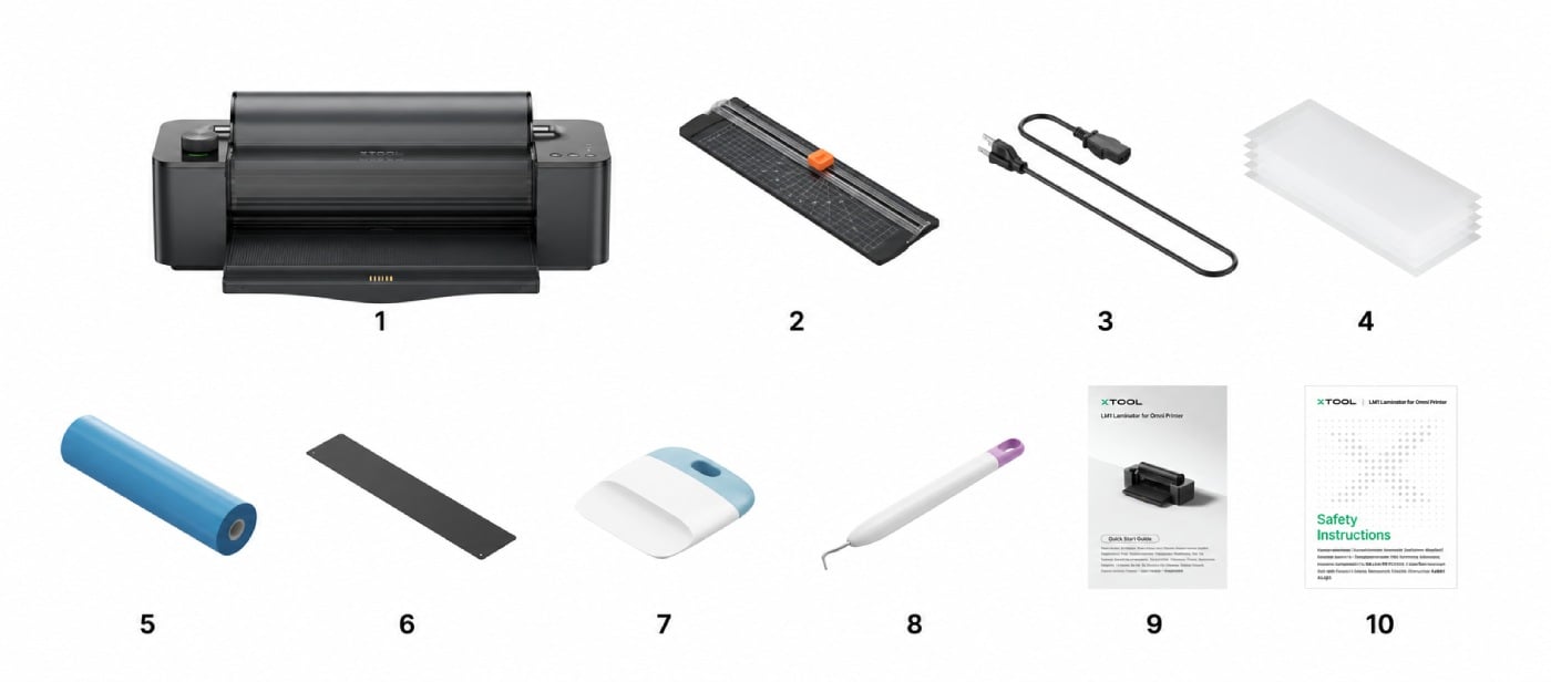 Lieferumfang des xTool LM1 Laminators für O1 Omni Drucker: Papierschneider, Netzkabel, Folien A und B, Materialzuführplatte, Schaber, Haken und Anleitungen.