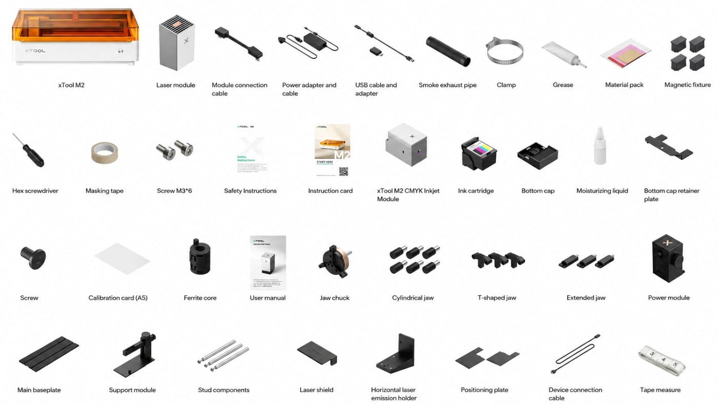 xTool M2 20W Deluxe Bundle package contents with accessories and modules