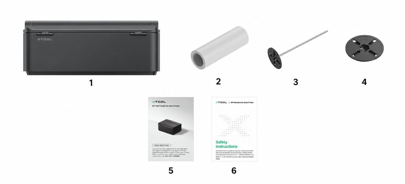 Комплектація xTool RF1 для принтера O1 Omni: пристрій подачі рулонної плівки, рулон плівки, лівий фланець із напрямним валом, правий фланець та інструкції.