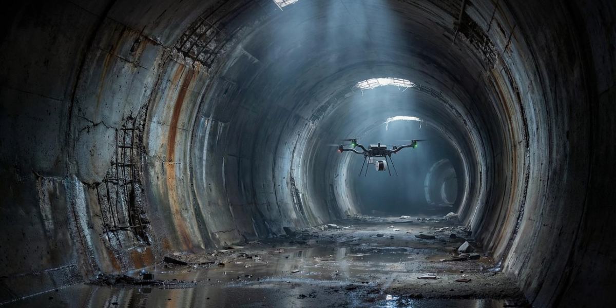 3D skanowanie betonowego tunelu za pomocą drona z Artec Jet.