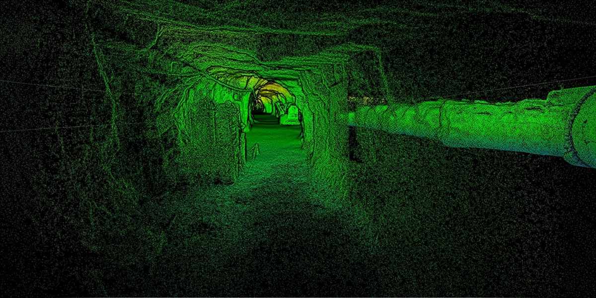Chmura punktów podziemnego tunelu uzyskana za pomocą skanera 3D Artec Jet.