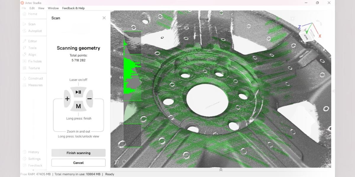 3D scanning process of a car wheel in Artec Studio.