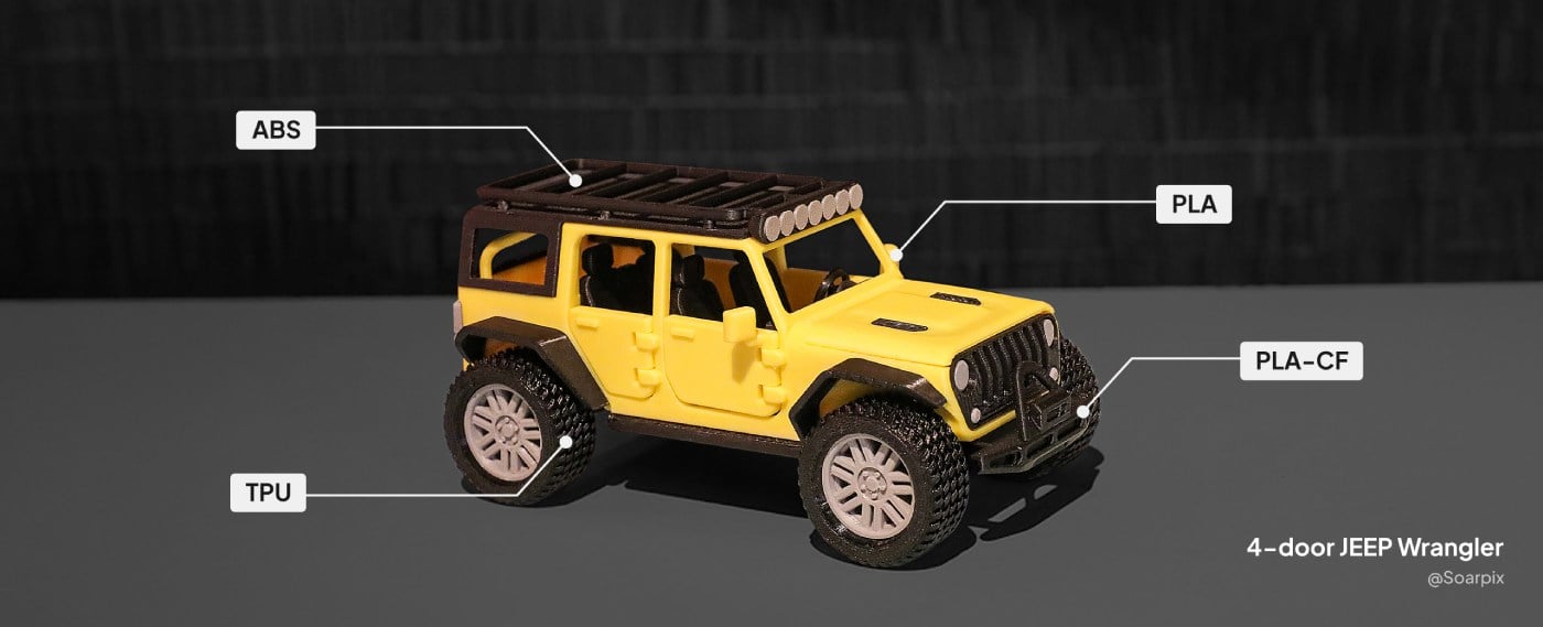 3D-друкована модель автомобіля Jeep Wrangler із деталей, виготовлених із PLA, ABS, TPU та PLA-CF.