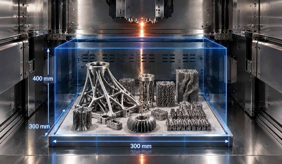 Build area of FastForm FF-M300 300 × 300 × 400 mm with metal parts